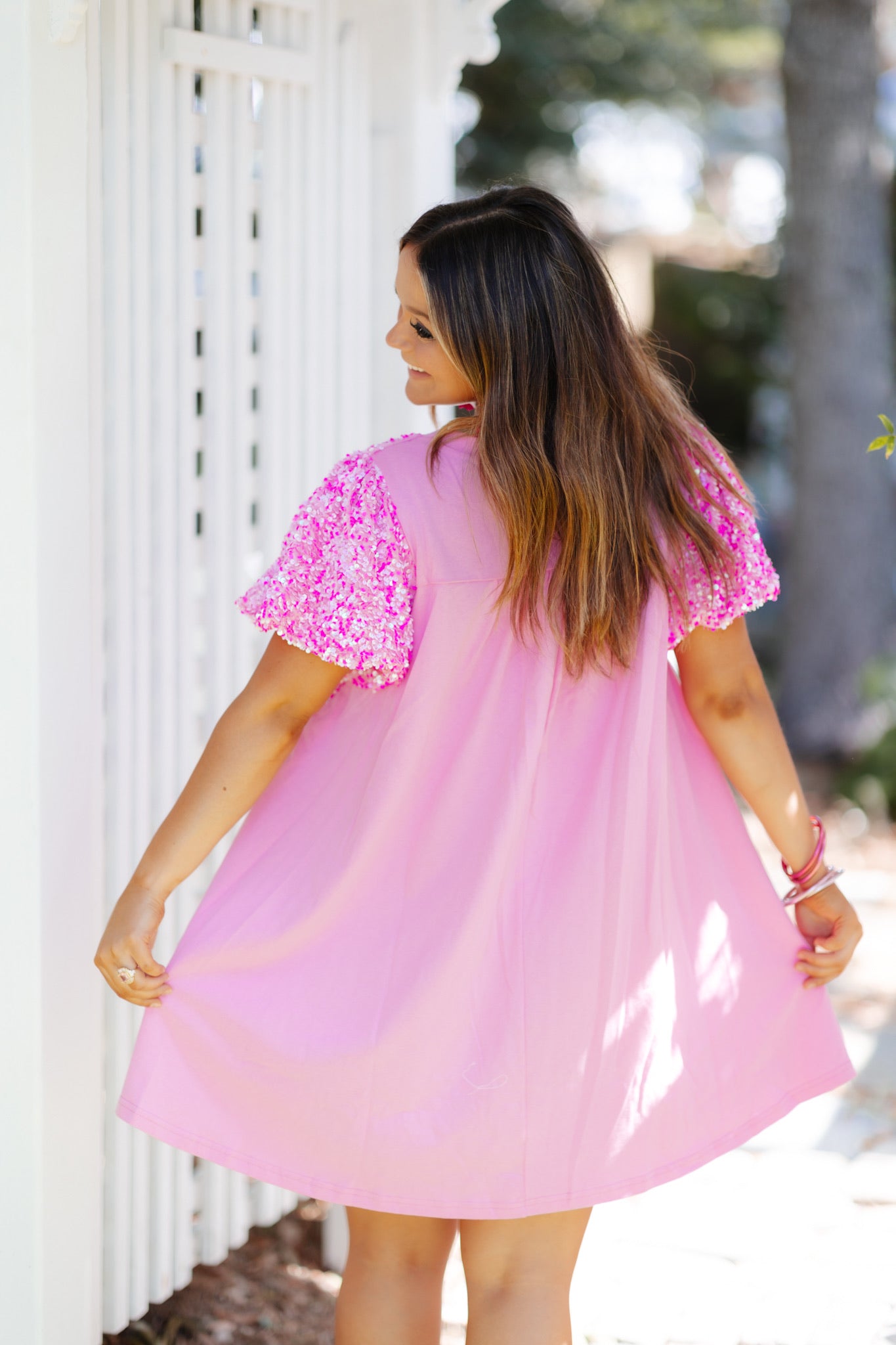 Pink Sequin Puff Sleeve Swing Dress