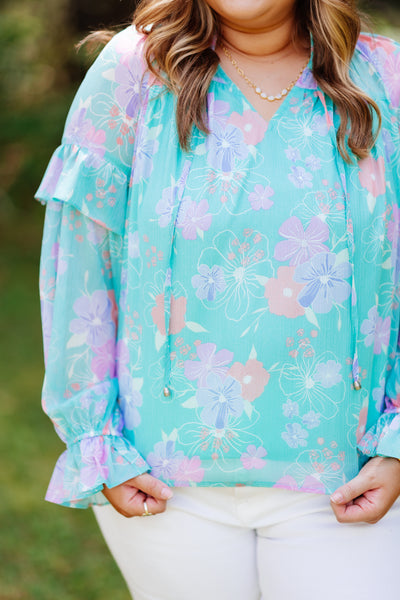 Turquoise Multi Floral Tie Neck Ruffle Sleeve Blouse