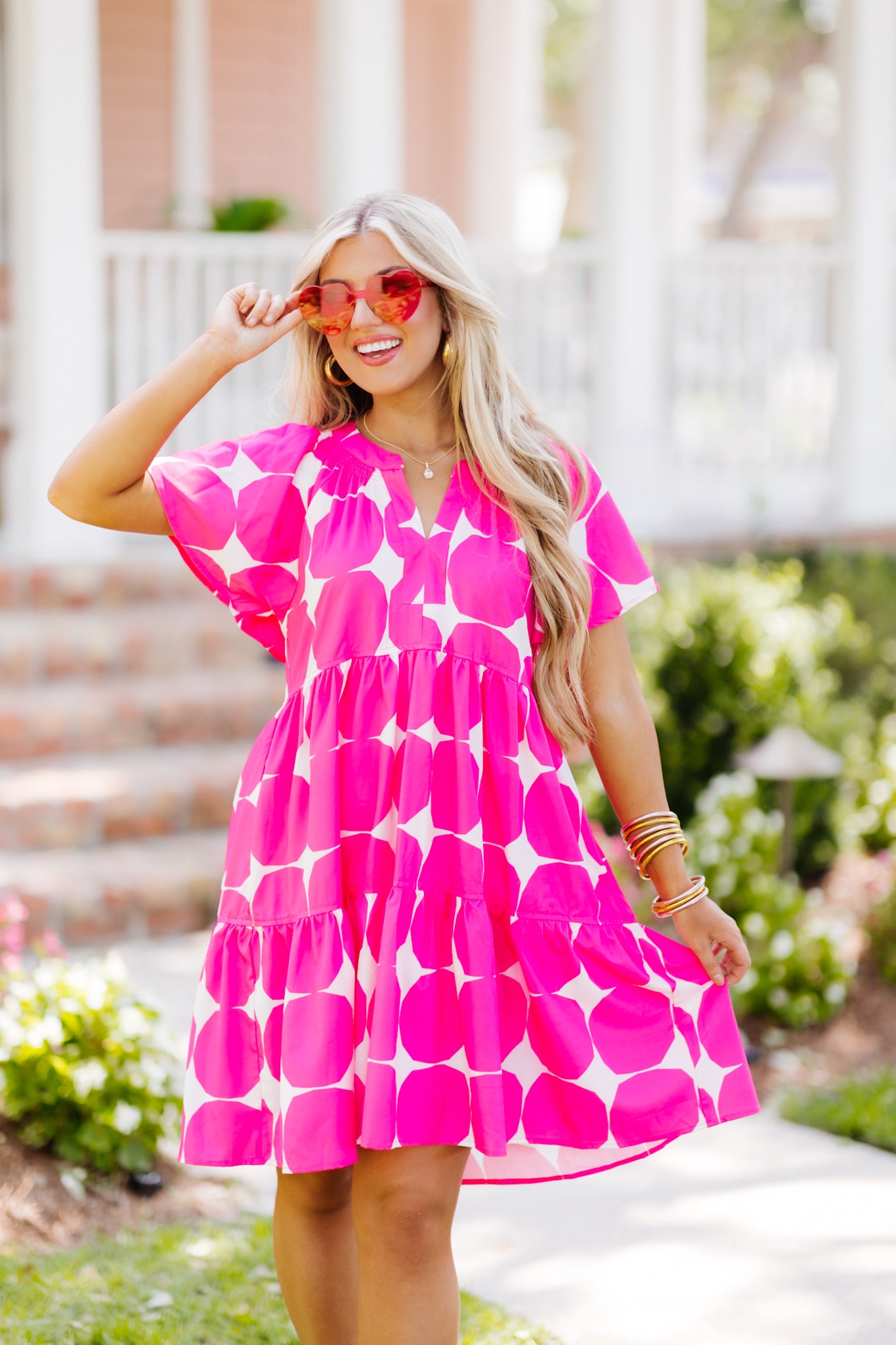 Pink Geometric Print Tiered Dress