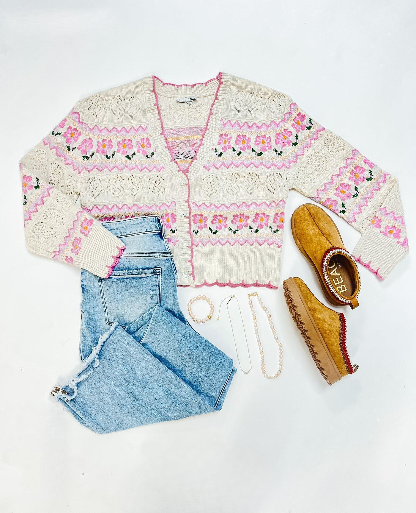 Cream and Pink Pointelle Jacquard Sweater Cardigan