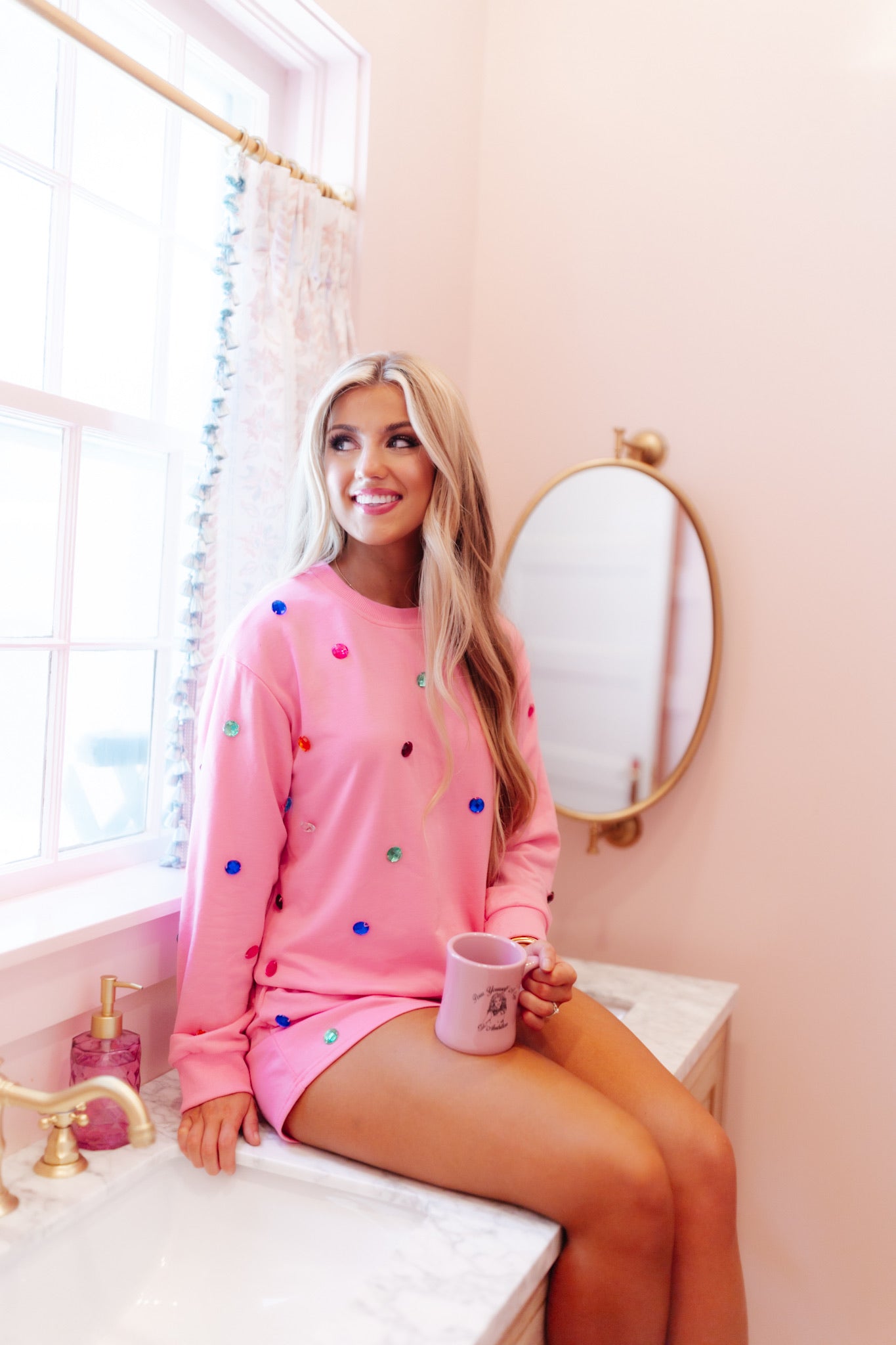 Pink Multicolor Jeweled Terry Pullover and Short Set