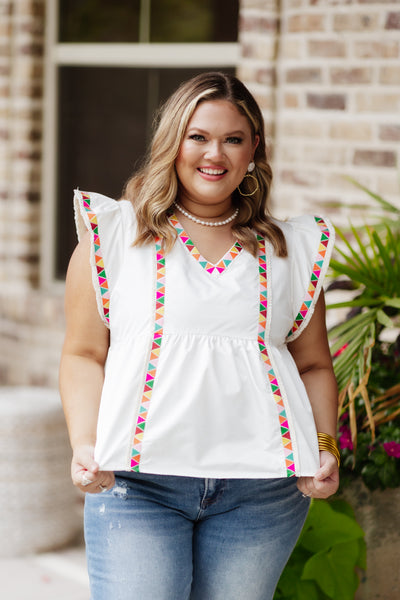 White Embroidered Detail Ruffle Sleeve Top