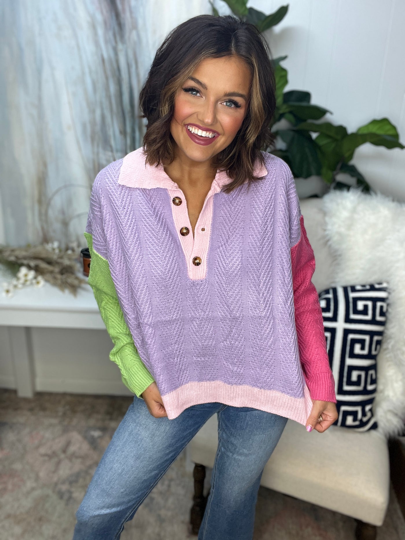 Lavender Multi Chunky Knit Colorblock Collared Pullover
