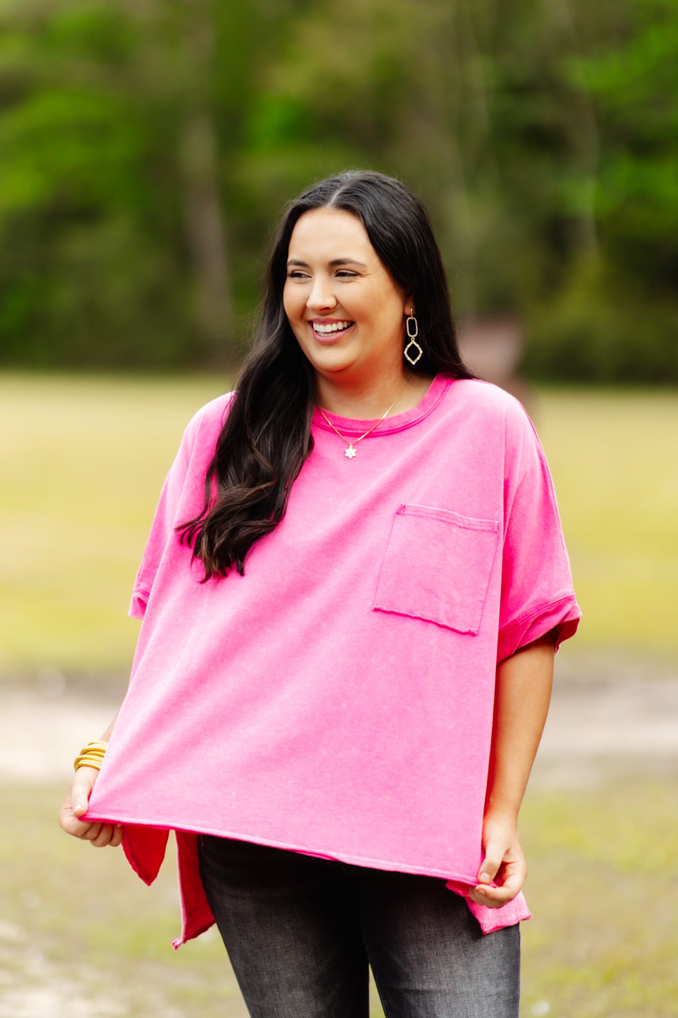 Washed Pink Contrast Loose Fit Pocket Tee