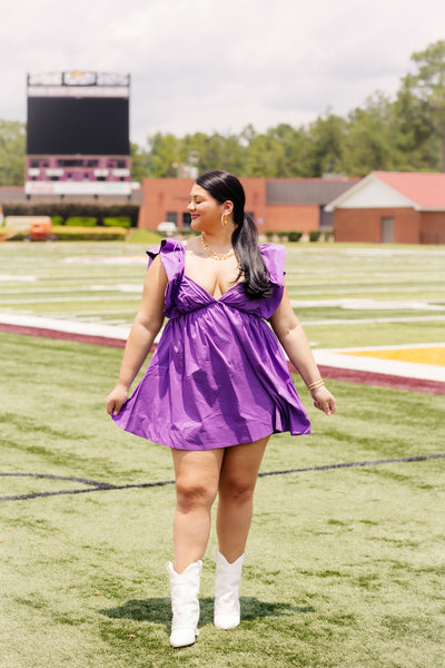 Purple Ruffle Sleeve Sweetheart Poplin Dress