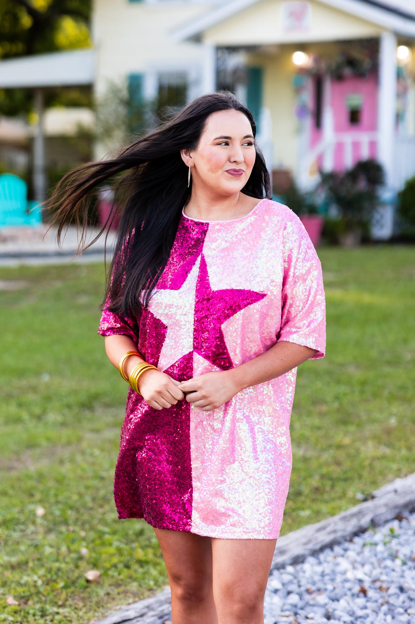Fuchsia and Pink Sequin Colorblock Star Dress