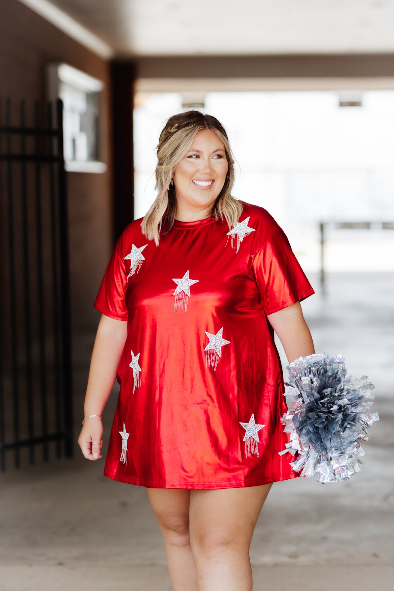 Red Metallic Sequin Star Fringe Dress