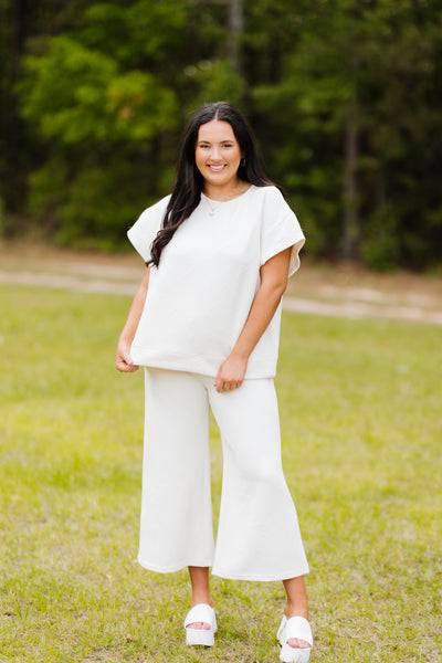 Cream Textured Top and Wide Leg Pant Set