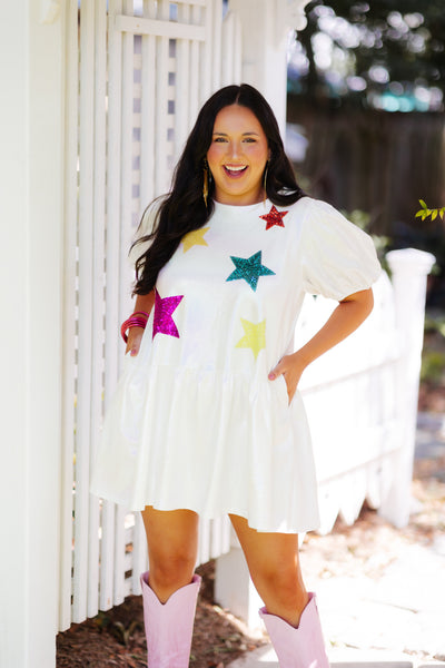 Pearlescent Multi Sequin Star Patch Mini Dress