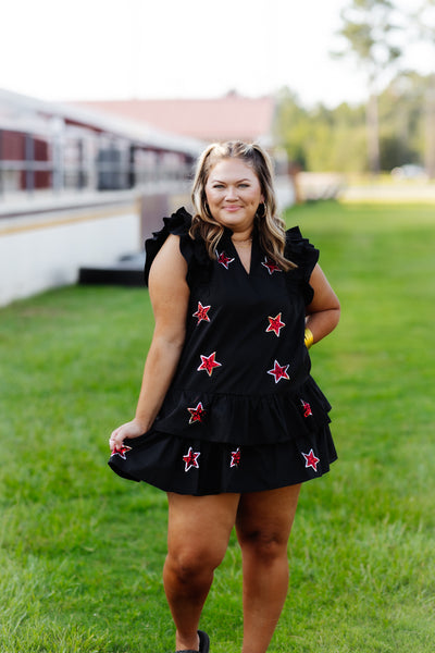 Black Flutter Sleeve Red Sequin Star Dress