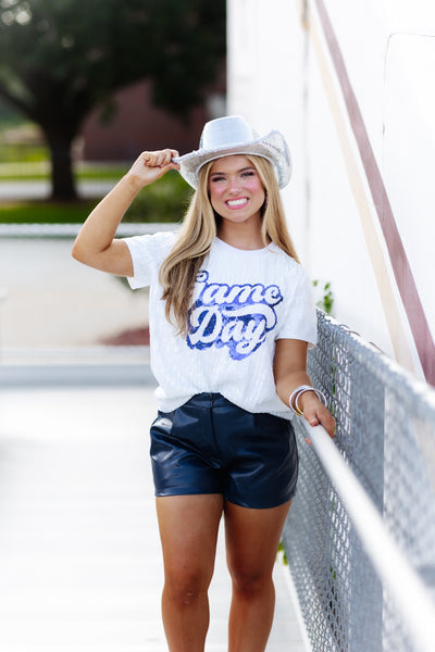 White and Royal Sequin Game Day Tee