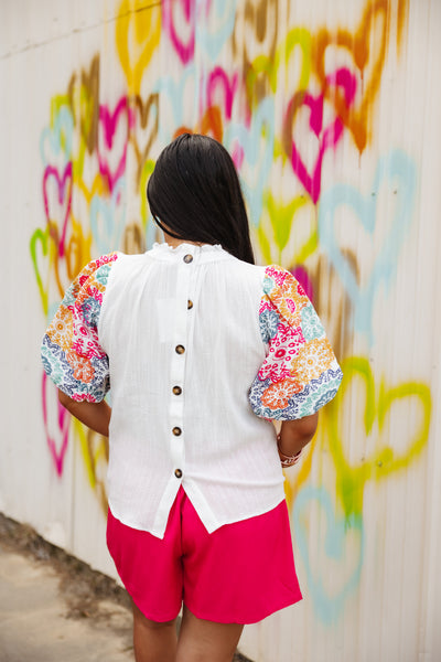 Multicolor Embroidered Balloon Sleeve Top