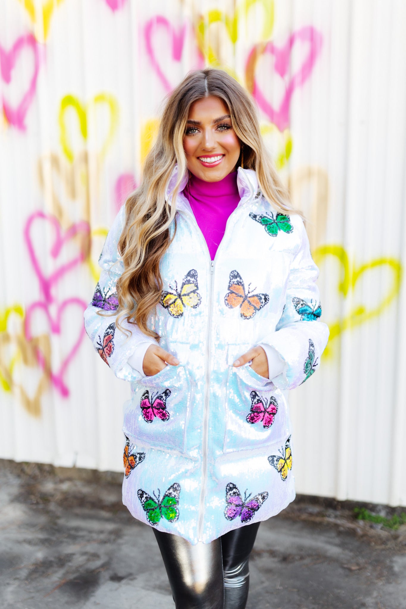 Queen Of Sparkles White Oversized Sequin Butterfly Puffer