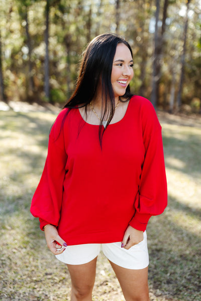 Red Square Neck Knit Balloon Sleeve Top