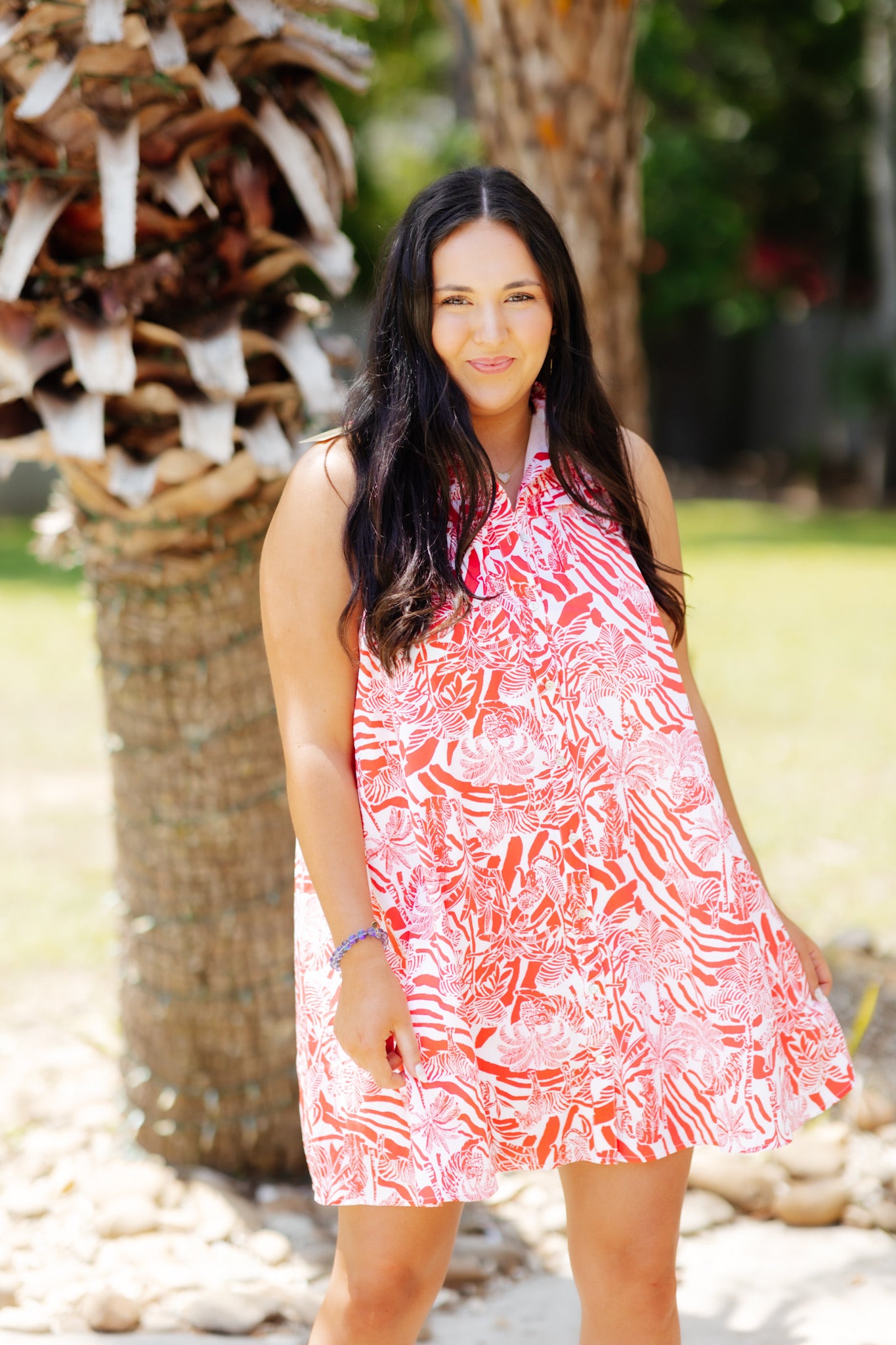 Red Tropical Print Button Up Sleeveless Dress