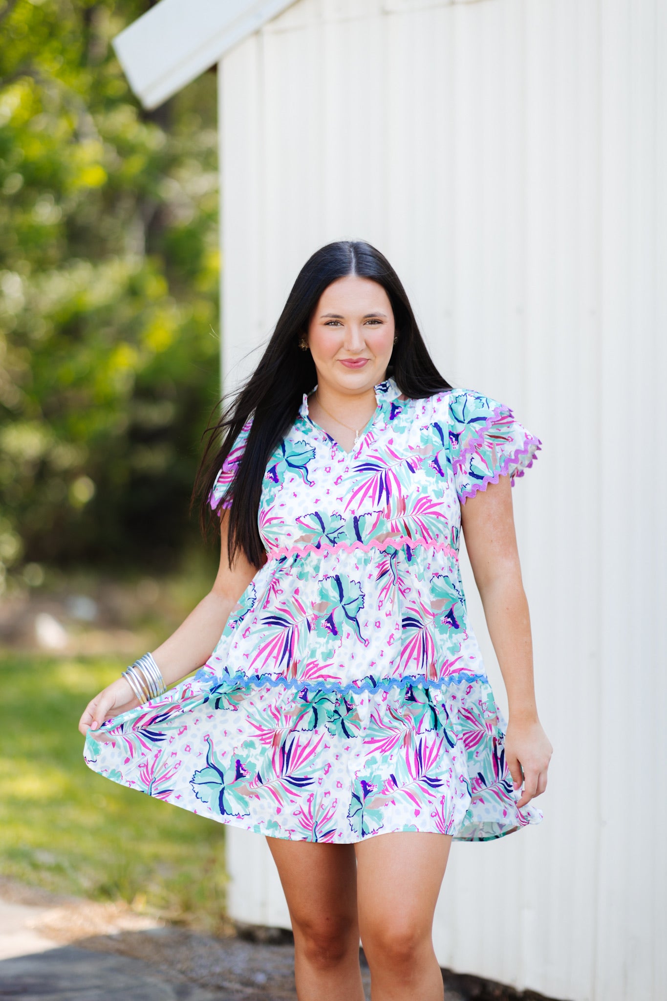White Floral Animal Print Mix Tiered Dress