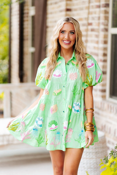Queen Of Sparkles Mint Under the Sea Poof Sleeve Dress