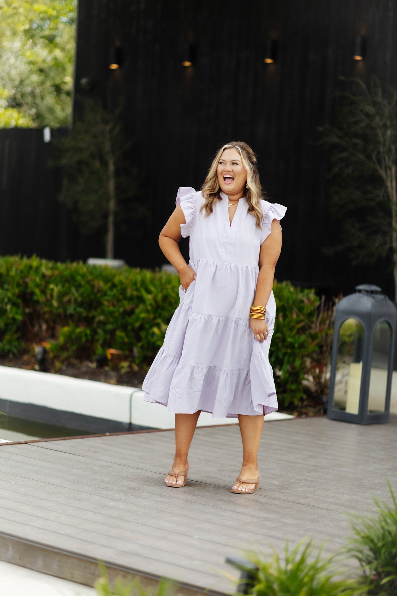 Lavender Tiered Flutter Sleeve Midi Dress