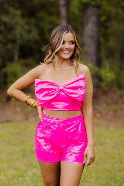 Hot Pink Strapless Faux Leather Bow Top and Short Set