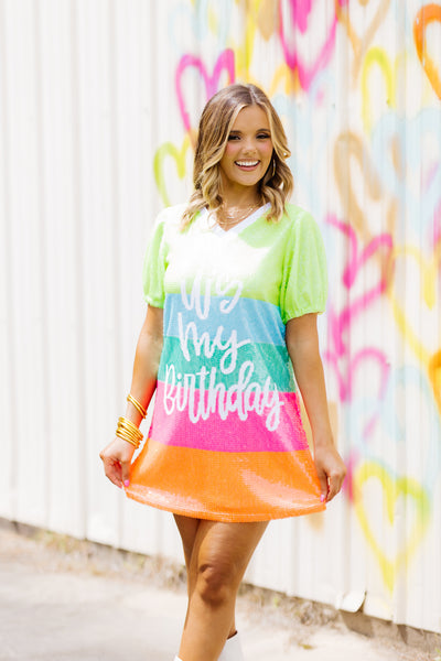 Neon Colorblock Sequin It's My Birthday Puff Sleeve Dress