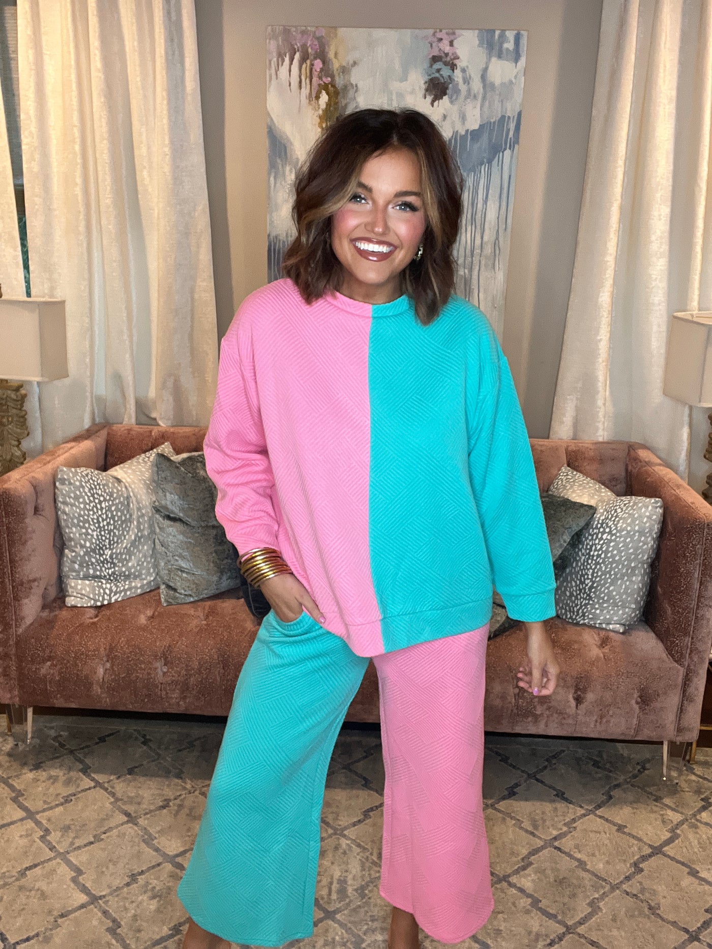 Bubble and Turquoise Textured Long Sleeve Top and Pant Set