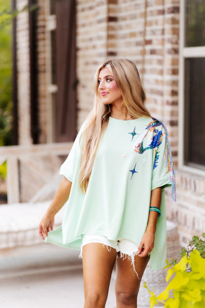 Mint Sequin Horse and Fringe Tee