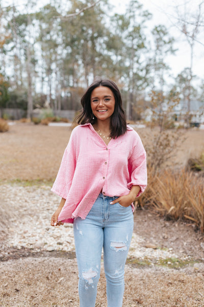 Oversized Pink Crinkle Button Down Tie Sleeve Top