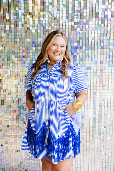 Royal Tiered Button Down Sequin Fringe Dress