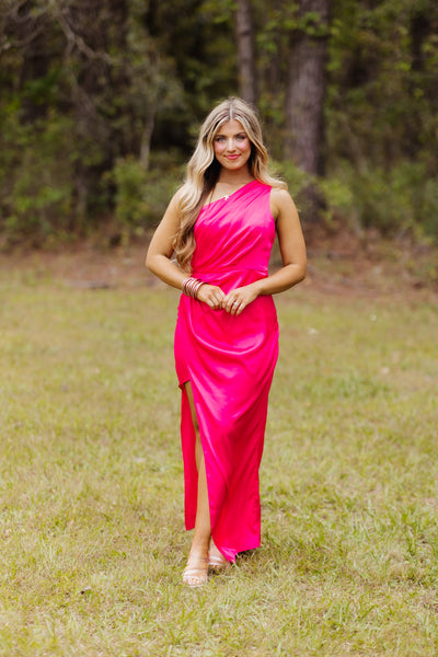 Bright Pink One Shoulder Side Slit Dress