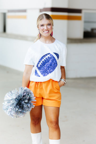 White and Royal Sequin Football Tee