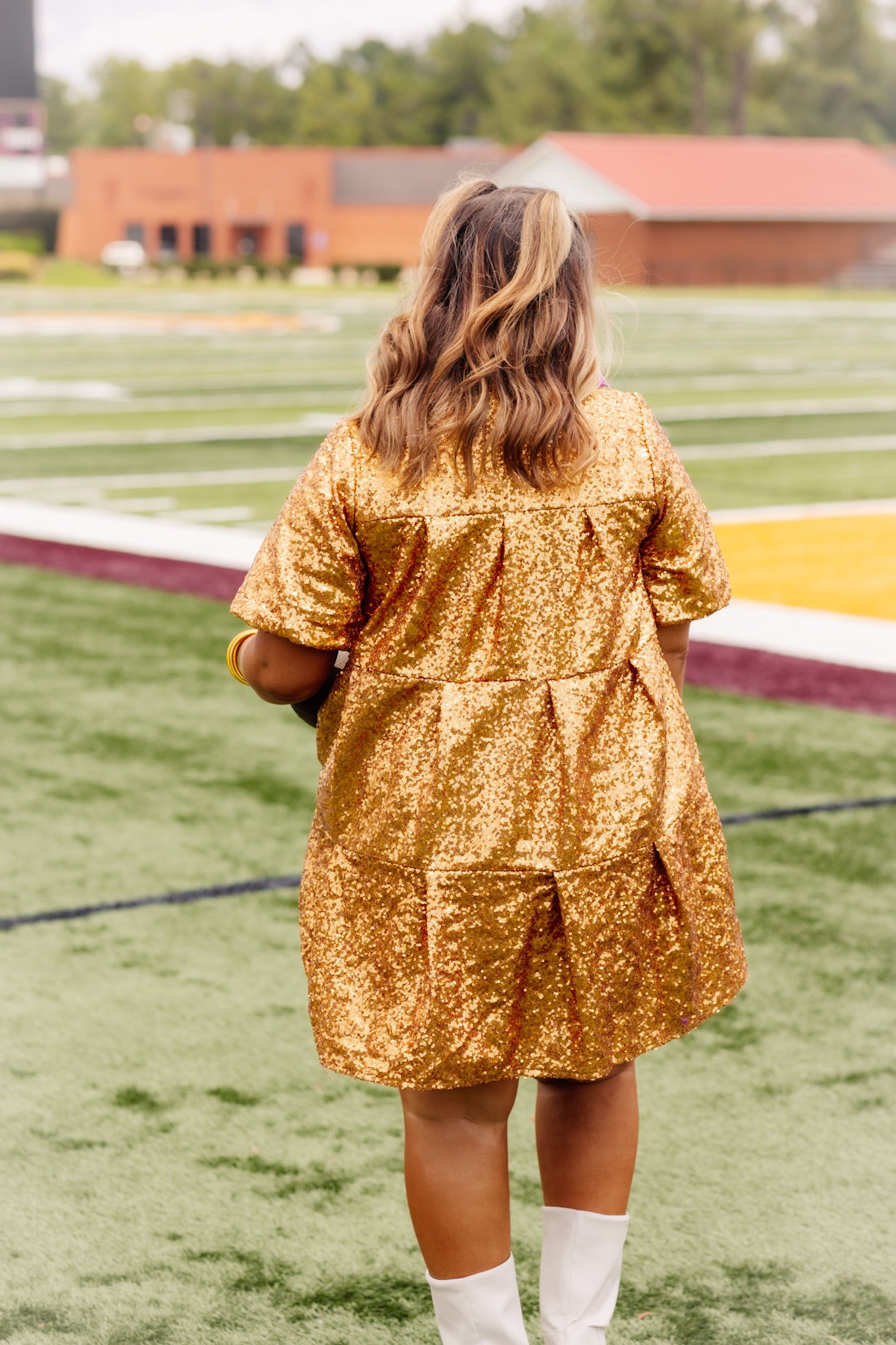 Gold Sequin Tiered Shirt Dress