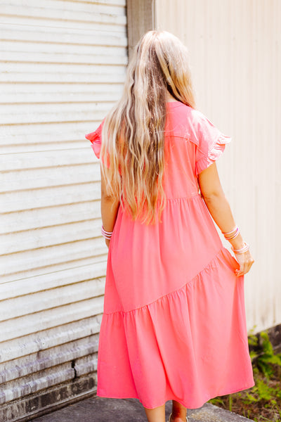 Coral Pink Ruffle Sleeve Button Down Midi Dress