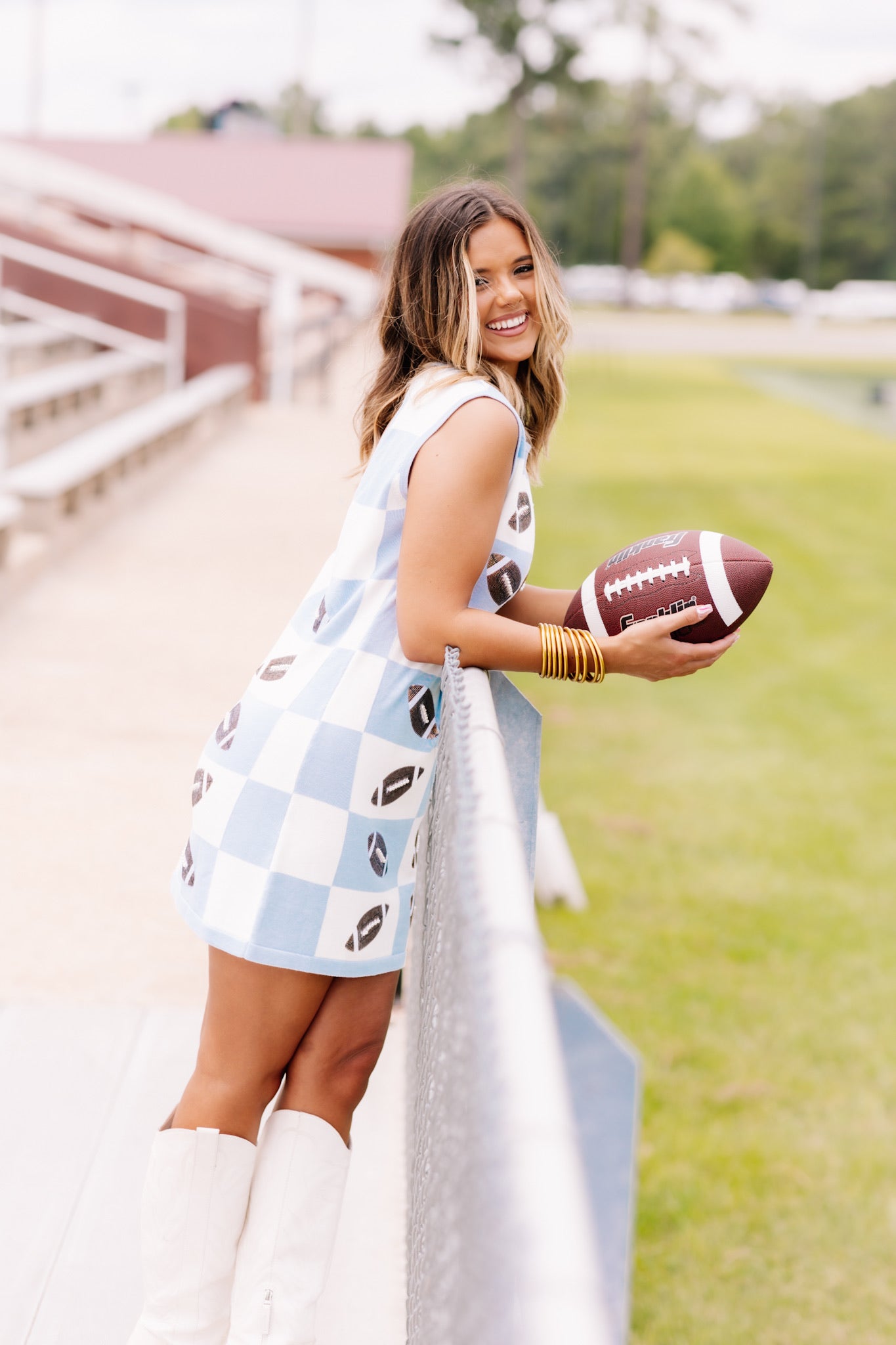 Queen of Sparkles Light Blue & White Football Checkered Dress