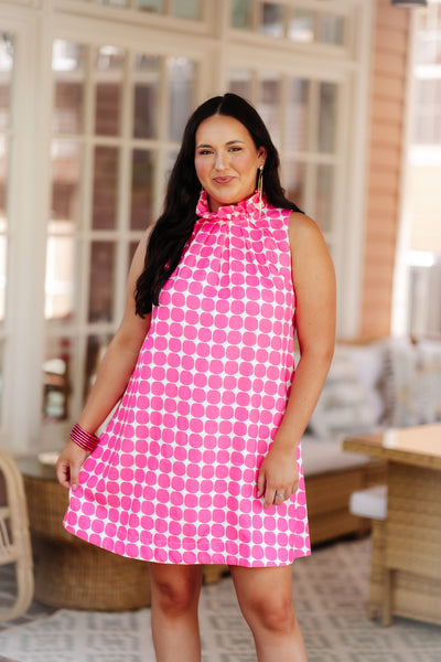 Hot Pink Sleeveless Geometric Print Tie Back Dress