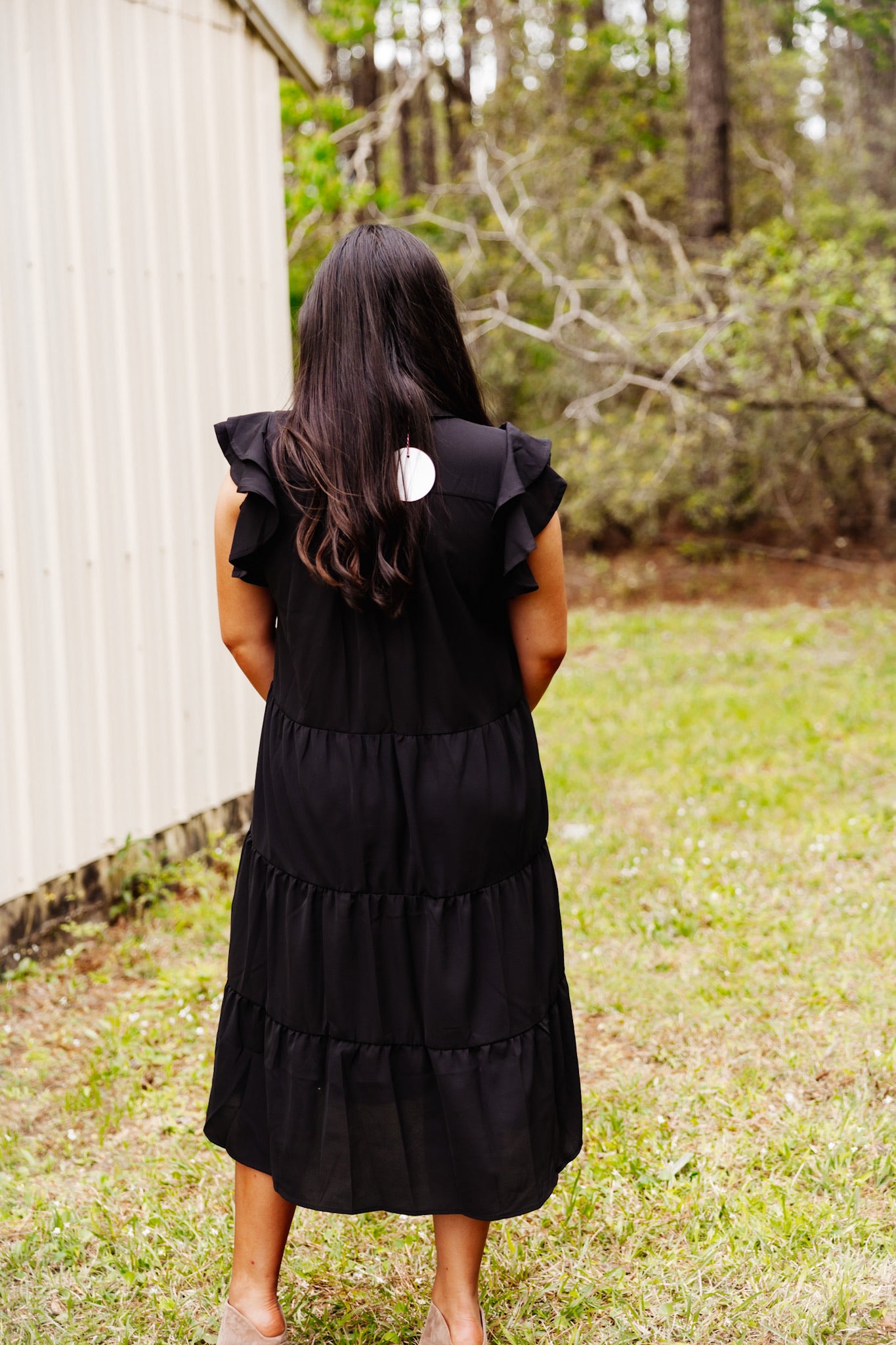 Black Collared Split Neck Tiered Midi Dress