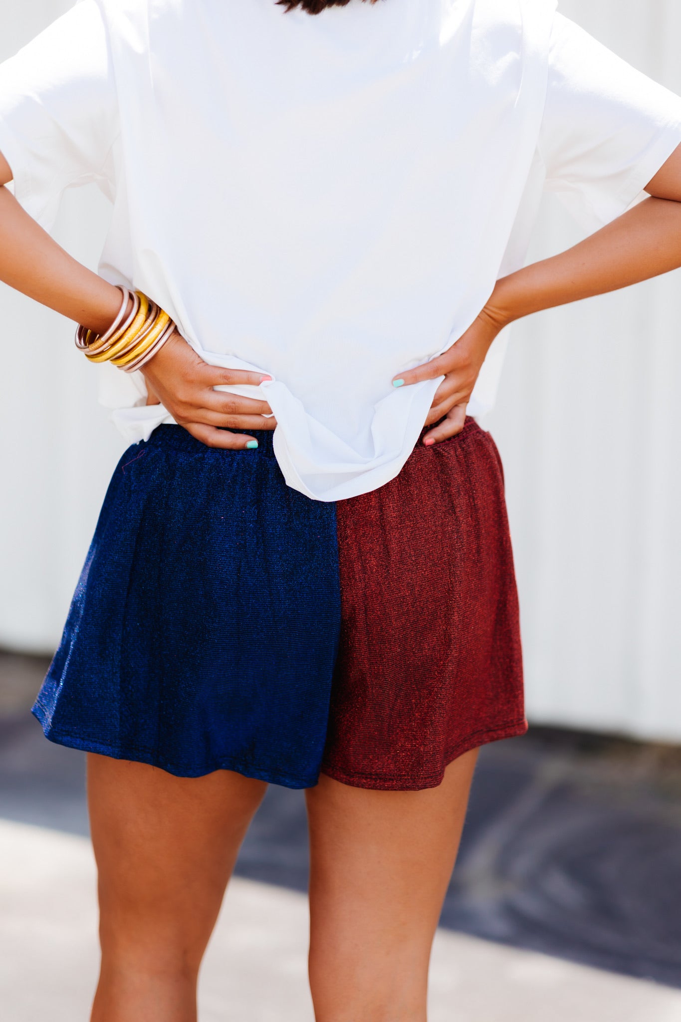 Red & Blue Colorblock Sparkle Smocked Shorts