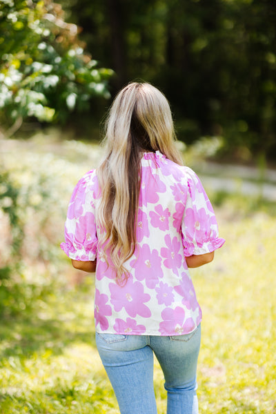 Pink Satin Floral Puff Sleeve Blouse