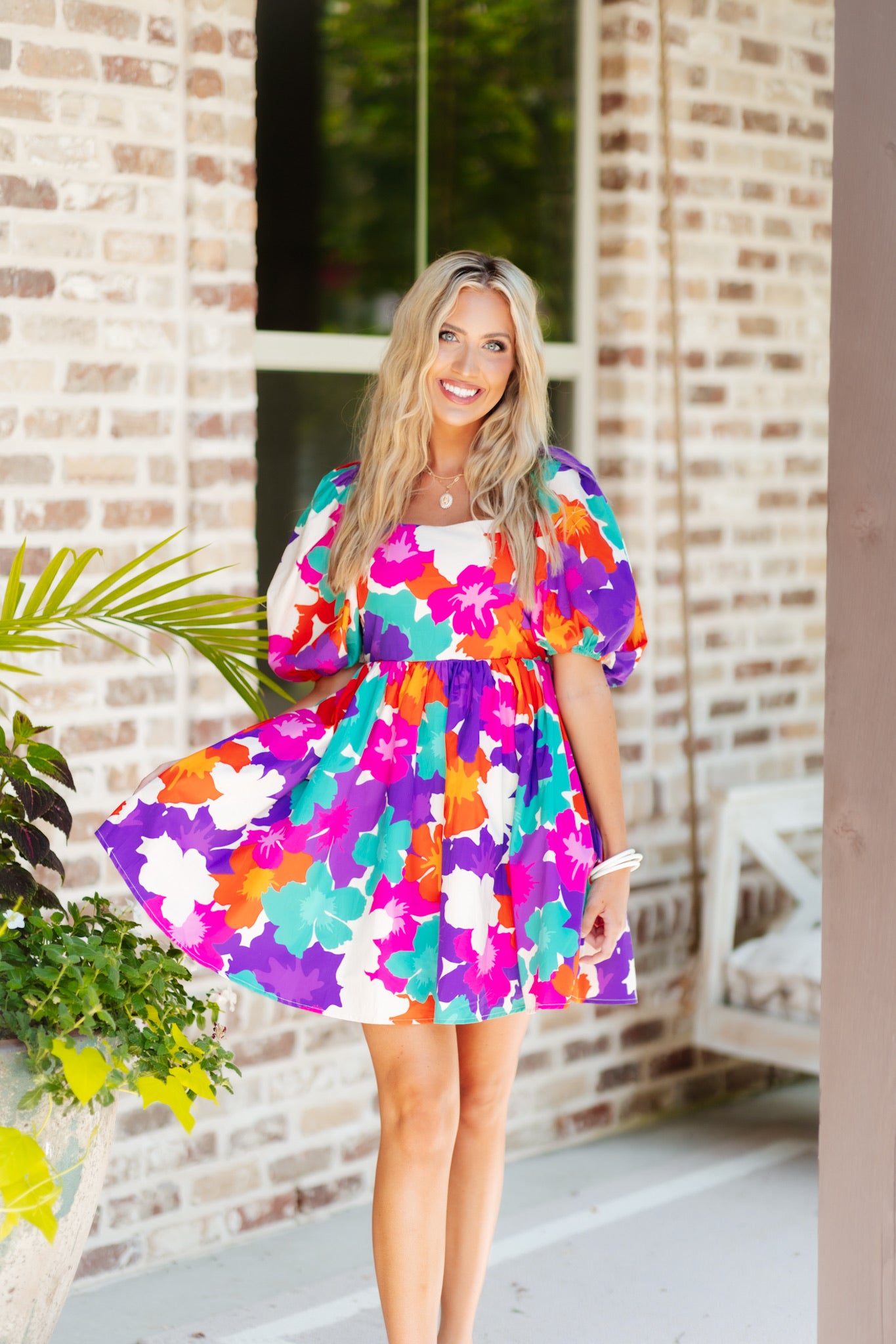 Purple and Jade Floral Print Square Neck Puff Sleeve Dress