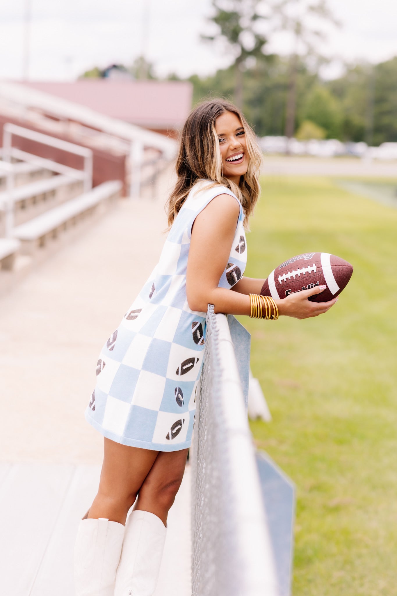 Queen of Sparkles Light Blue & White Football Checkered Dress