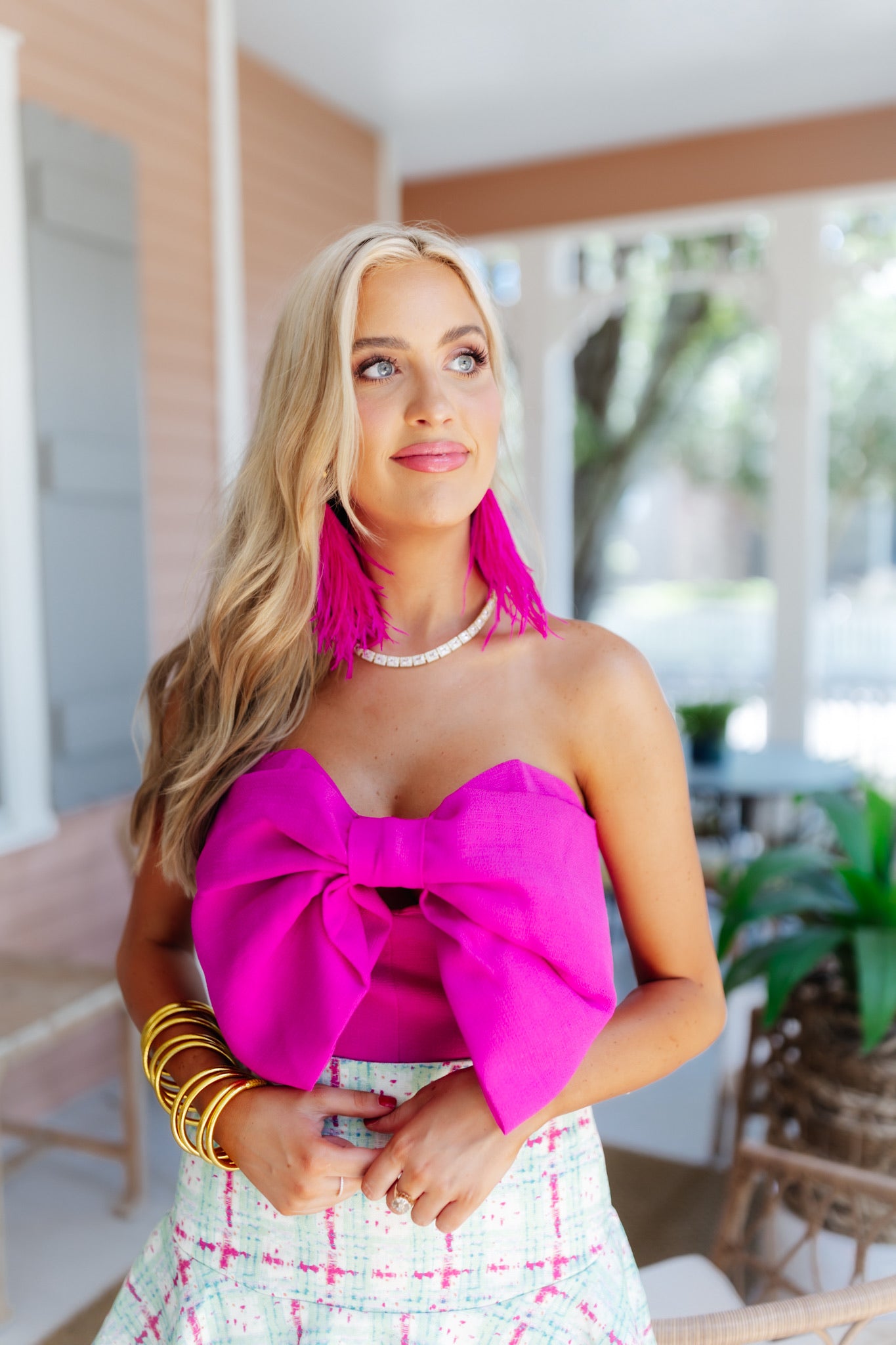 Magenta Bow Front Strapless Top