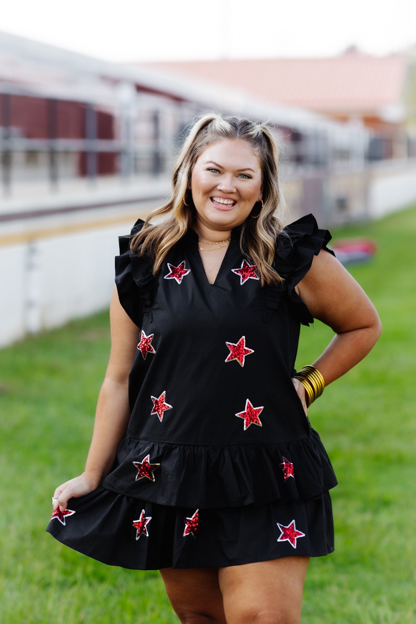 Black Flutter Sleeve Red Sequin Star Dress