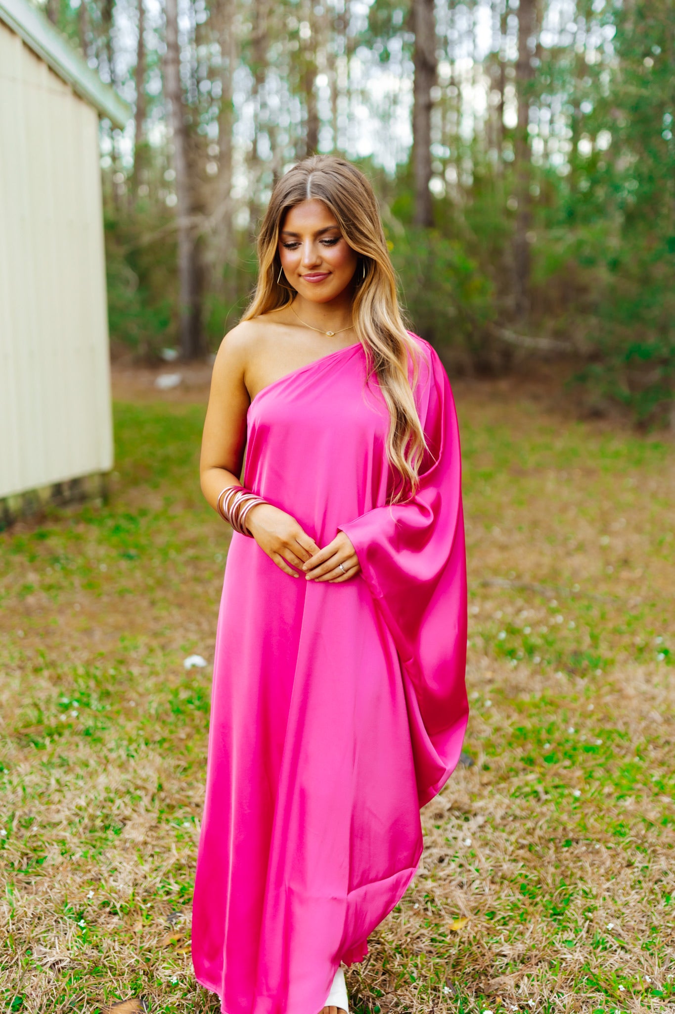 Hot Pink Drape Sleeve One Shoulder Midi Dress