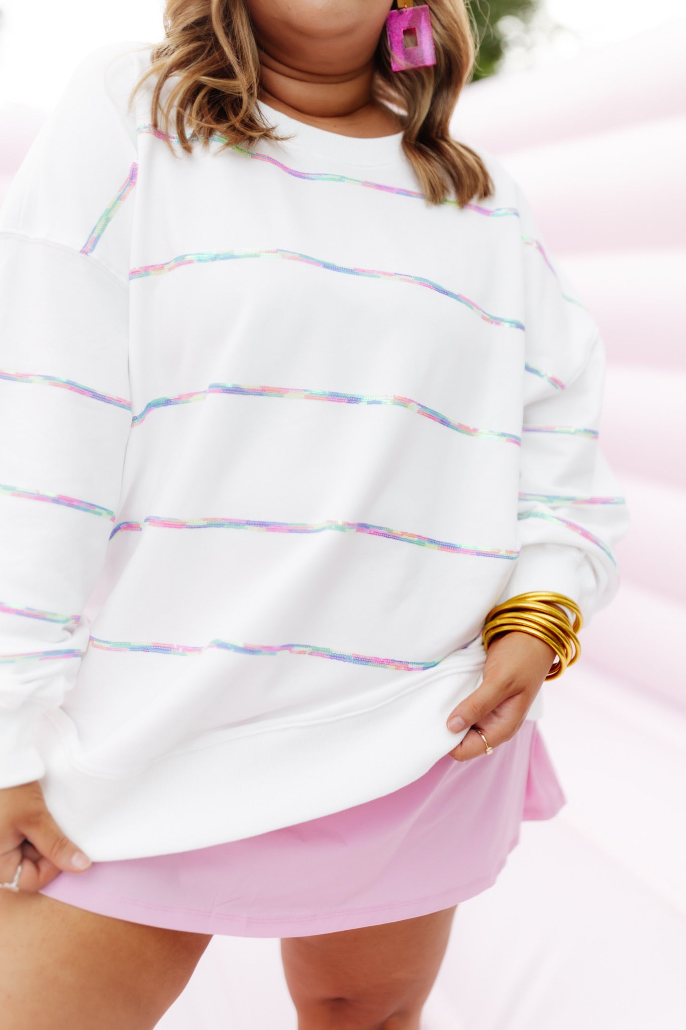 White Multicolor Sequin Stripe Sweatshirt
