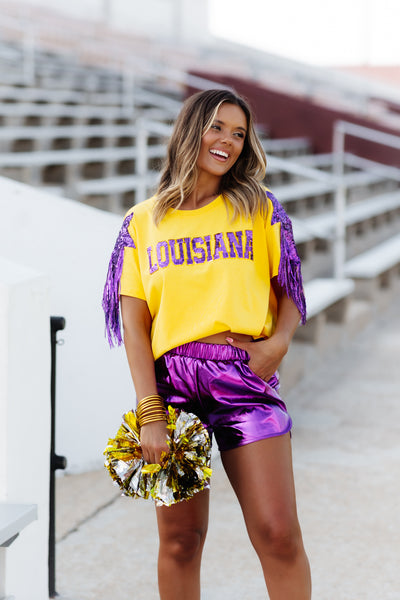 Gold Game Day Sequin Louisiana Stars and Fringe Tee