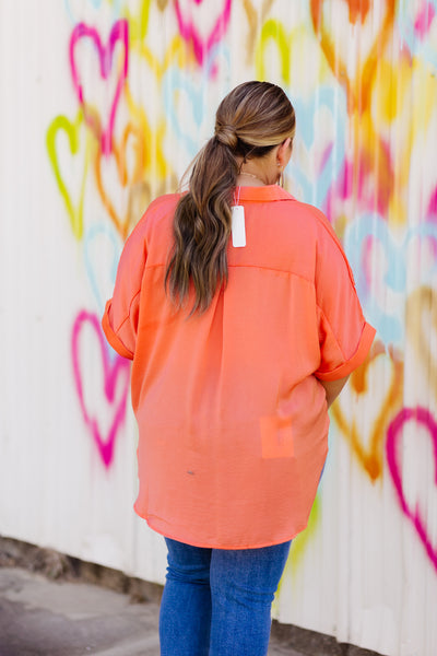 Coral Satin V-Neck Collared Rolled Sleeve Blouse