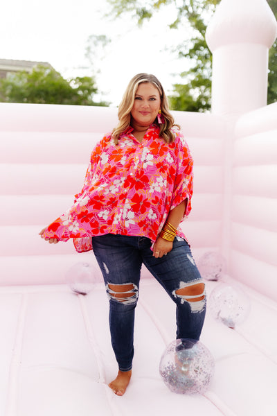 Pink Floral Puff Sleeve Button Up Top