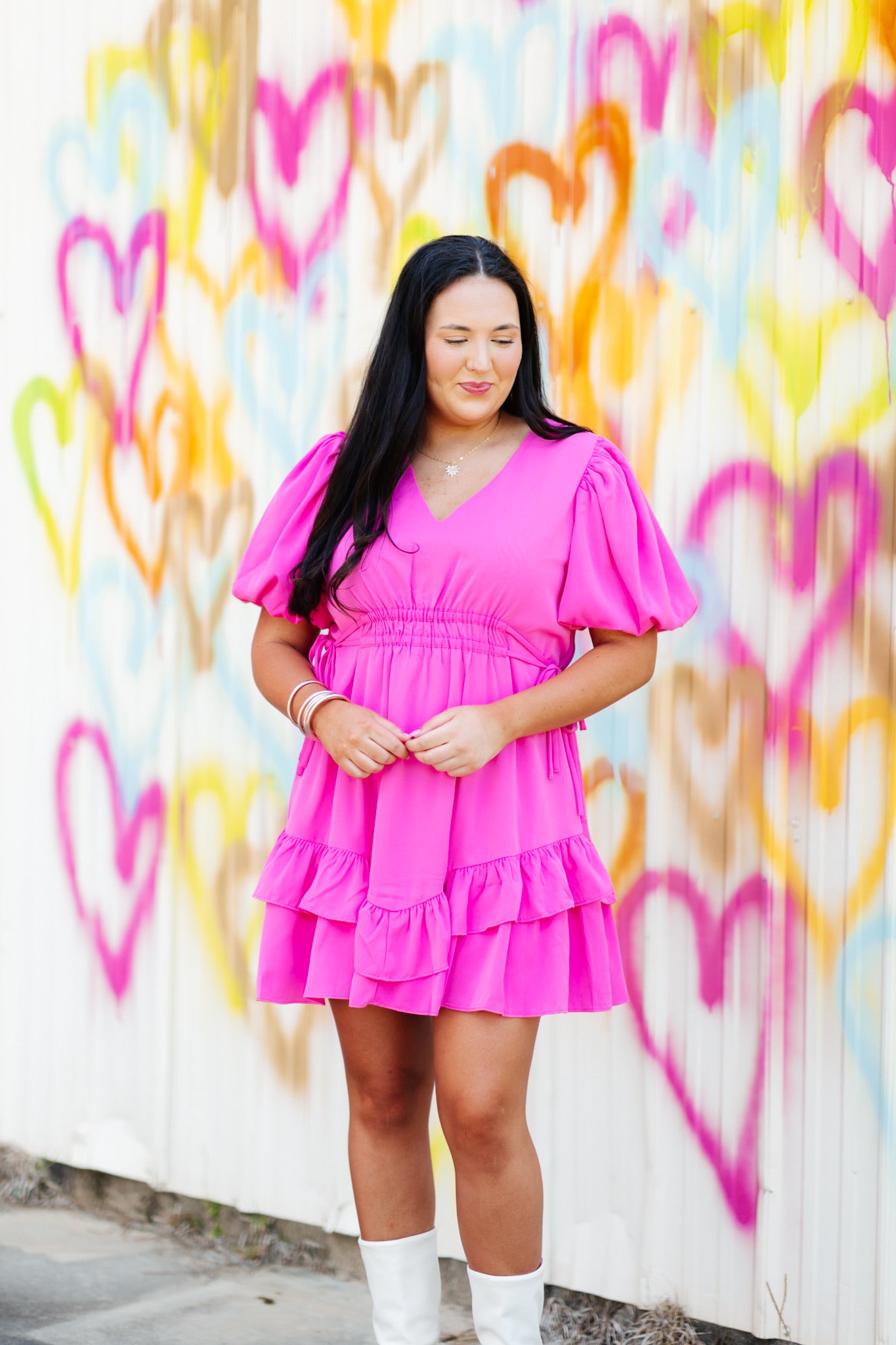 Pink Bubble Sleeve Drawstring Dress