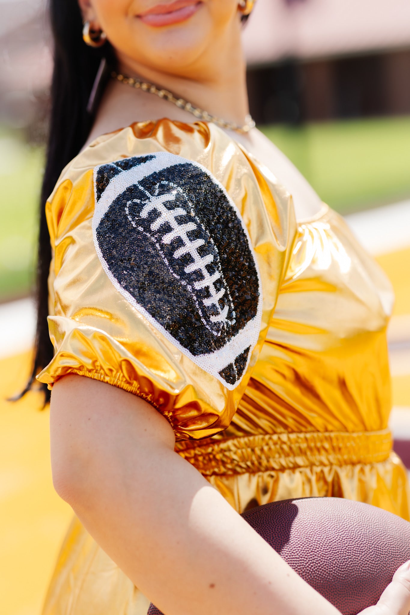 Gold Metallic Game Day Ball & Helmet Sequin Patch Dress