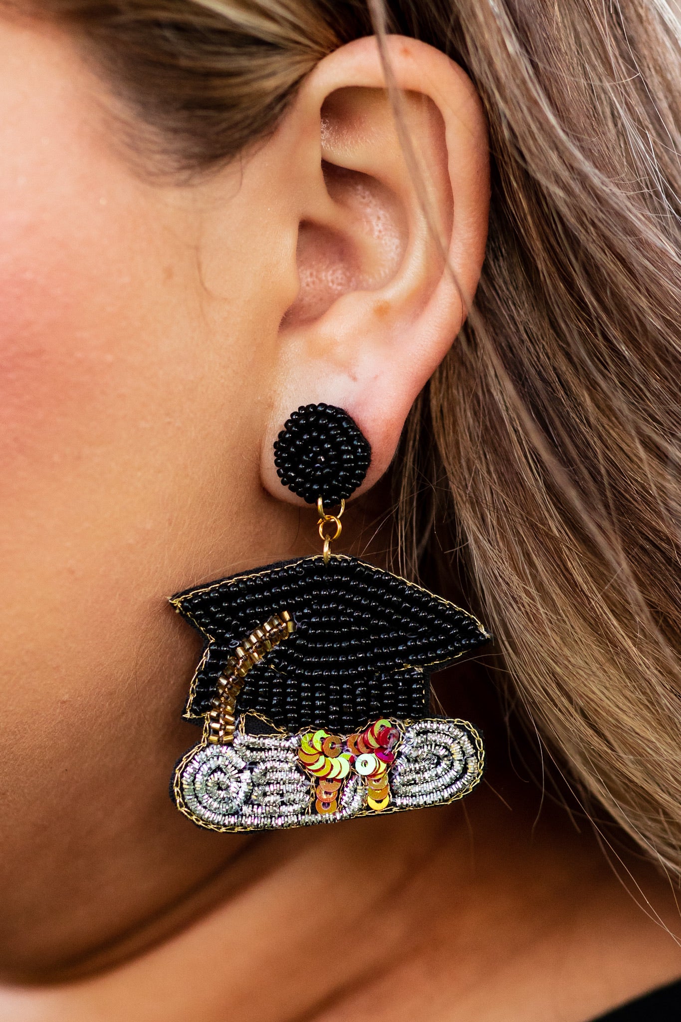 Black Mix Beaded Graduation Hat Dangle Earrings