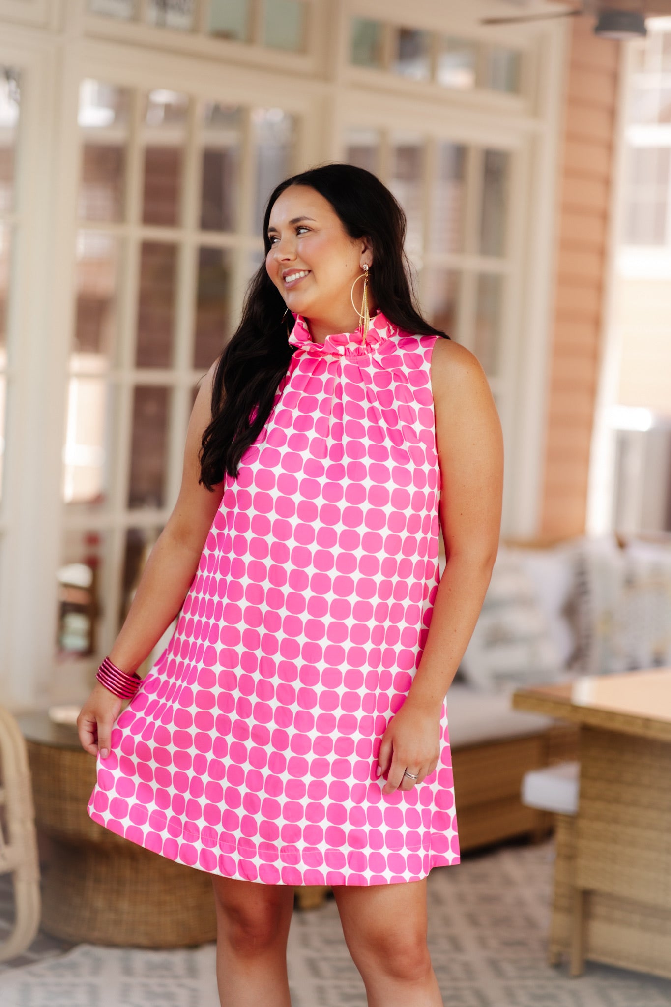 Hot Pink Sleeveless Geometric Print Tie Back Dress